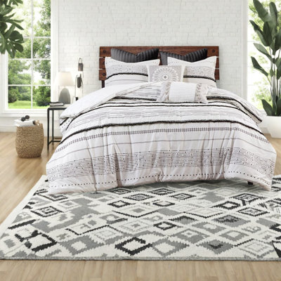 Boho Cotton Bedding Set, Black/white Striped Comforter With Tassel Trims, Full/queen