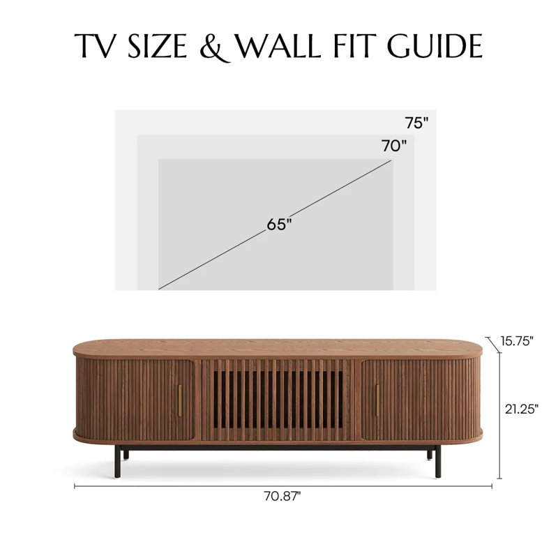 Mid-Century Modern Tambour Door TV Stand With LED Lights, Fully Assembled, Walnut, 21.25”H x 70.87”L x 15.75”W