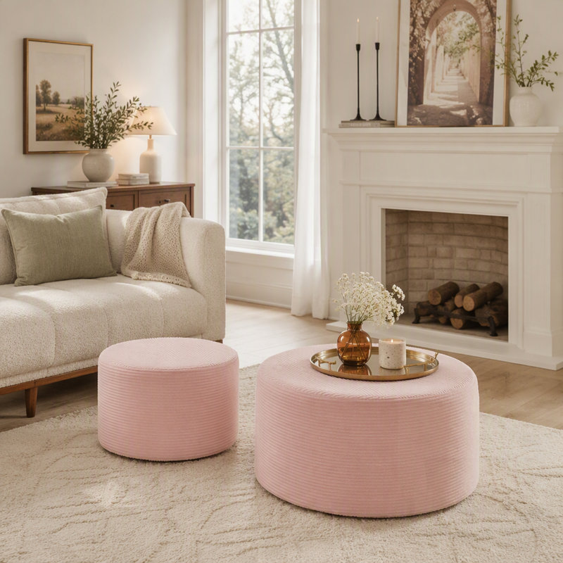 Ensemble de 2 tabourets cylindriques rembourrés avec repose-pieds décoratif rond pour le salon et la chambre à coucher, Pink