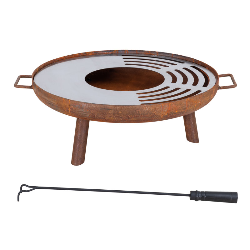 Rustic Steel Wood Burning Fire Pit with Handles and Poker