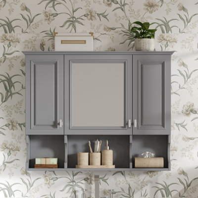  Armoire à pharmacie murale 35 po x 28 po avec miroir et tablettes ouvertes, gris
