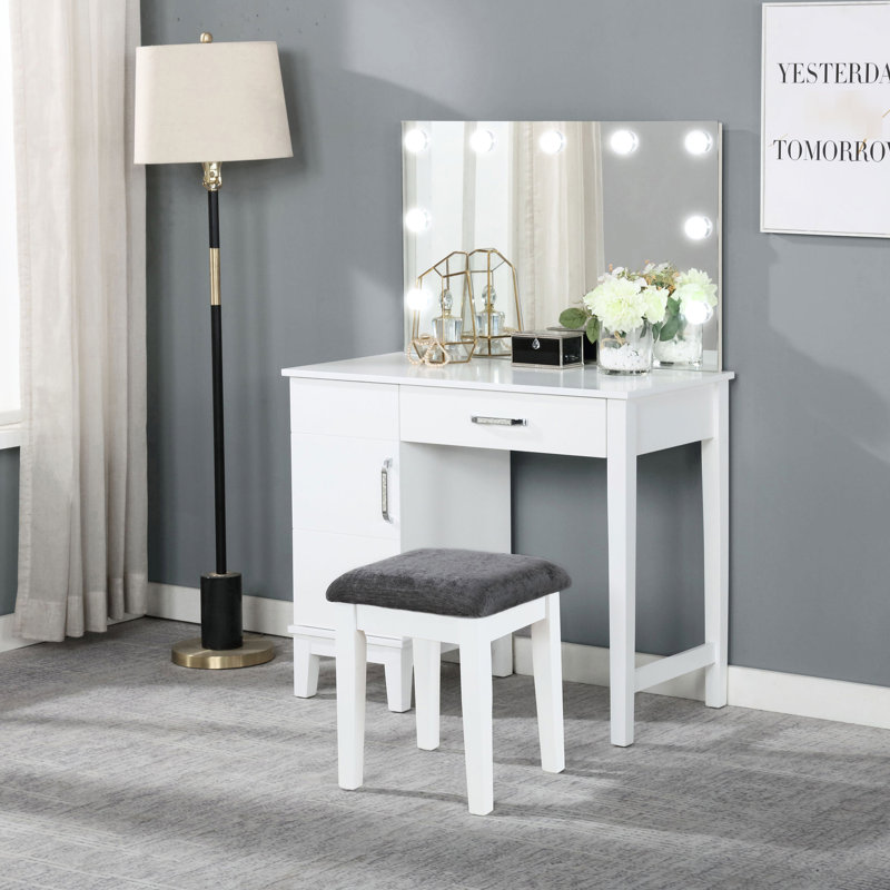 Vanity In White And Dark Grey With Lighting, Stool, Drawer Concealed Side Cabinet, 36 Inches Wide, 19 Deep, 53.19 Tall