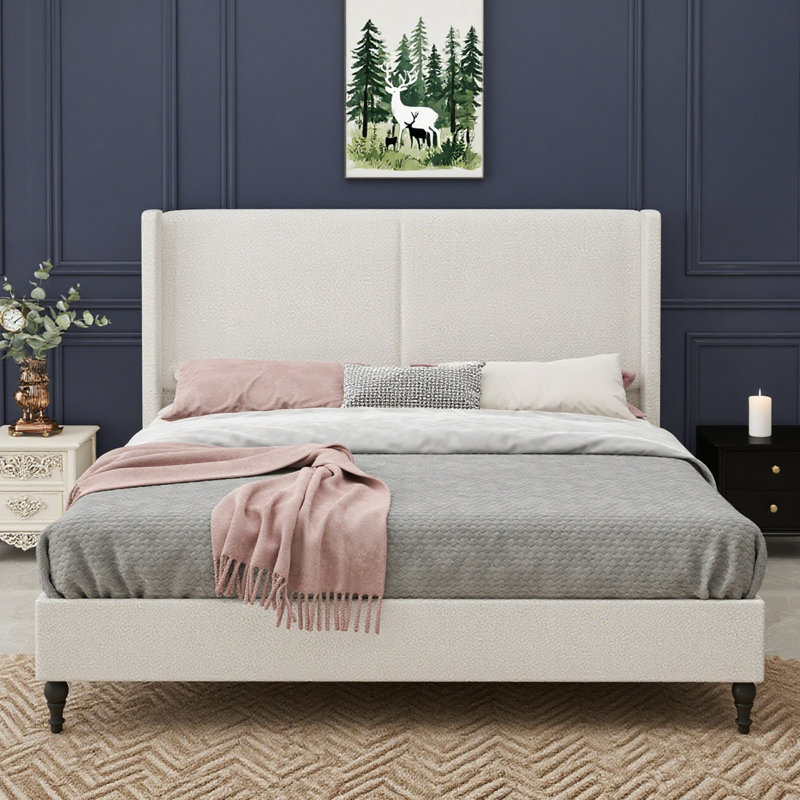 Lit Glam avec tête de lit capitonnée et pieds en bois massif, Beige, Grand lit