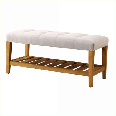 Banc rembourré contemporain touffeté, finition chêne gris clair | Tablette ouverte | Salon | Gris clair | Tissu