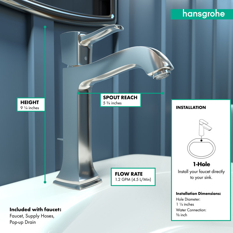 Hansgrohe Metropol Classic Single-Hole Faucet 160 with Drain Assembly, 1.2 GPM, Polished Nickel