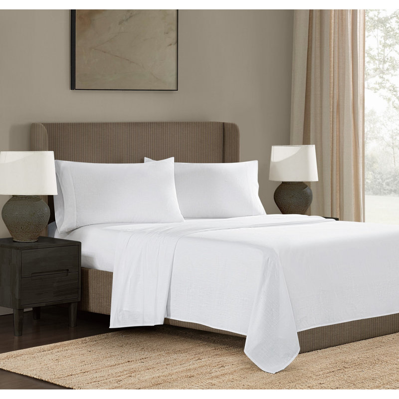 Ensemble de draps Frye, Ensemble de draps pour grand lit avec 2 taies d'or, Blanc