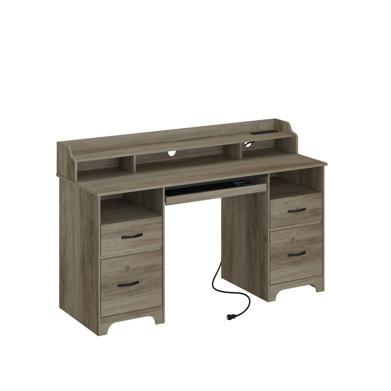 Bureau d'ordinateur 59 "avec multiprise, bureau à domicile avec 2 rangements et 2 tiroirs classeurs, Gris