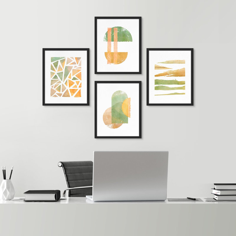 " Pastel Green And Yellow Polygon Pattern " 4 - Pieces, Black, 14" H x 11" W