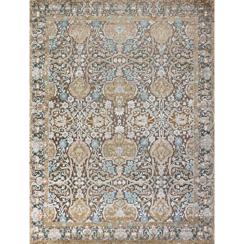Tapis brun clair et multicolore de haute qualité noué à la main, Rectangle 8 pi x 10 pi