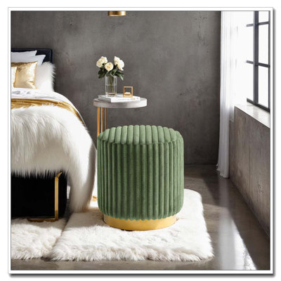 Tabouret d'appoint touffeté Channel - tissu semblable à de la fourrure vert - base en acier inoxydable doré