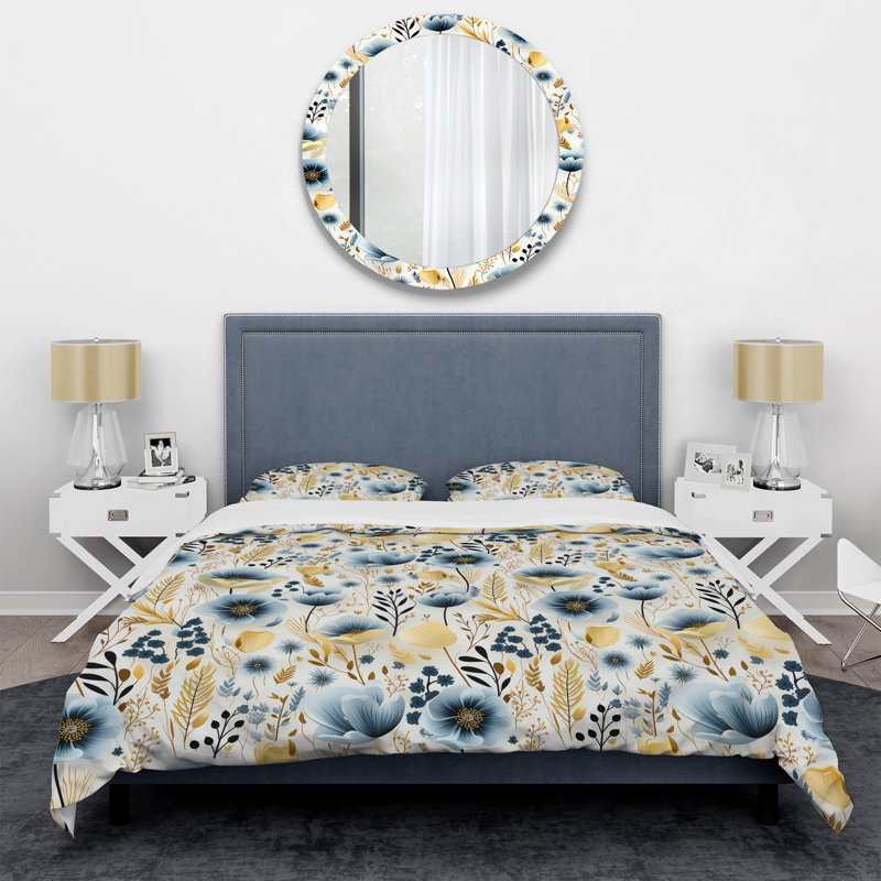 Literie Simplicity In Blue Scandinavian Flowers I, Housse de couette pour grand lit et 2 taies décor