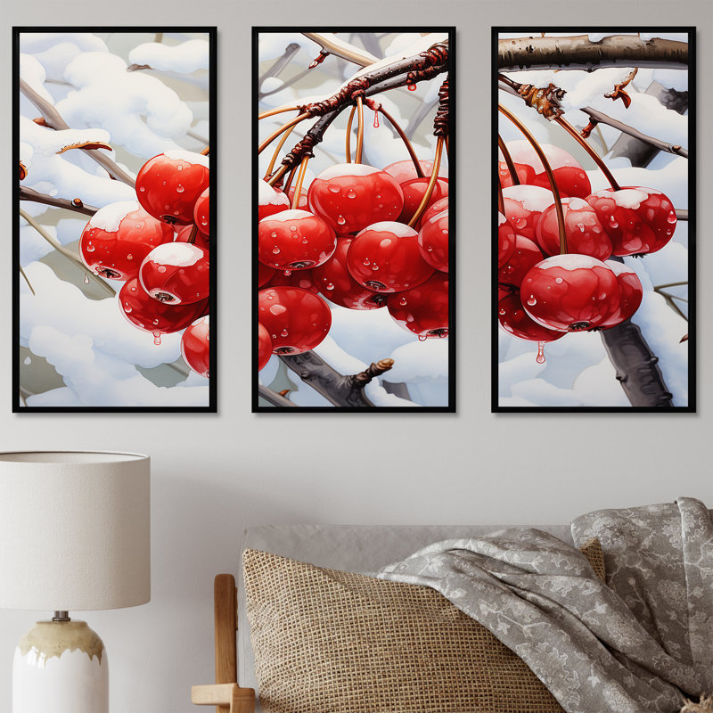 Hiver rouge cerisier - art mural cerise, H 28 po x l 36 po, Cadre flottant noir