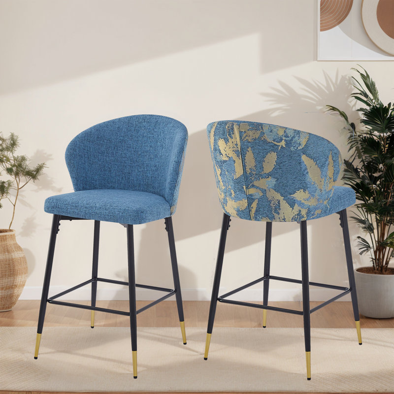 Tabourets de bar rembourrés à dossier incurvé avec structure en métal, Bleu