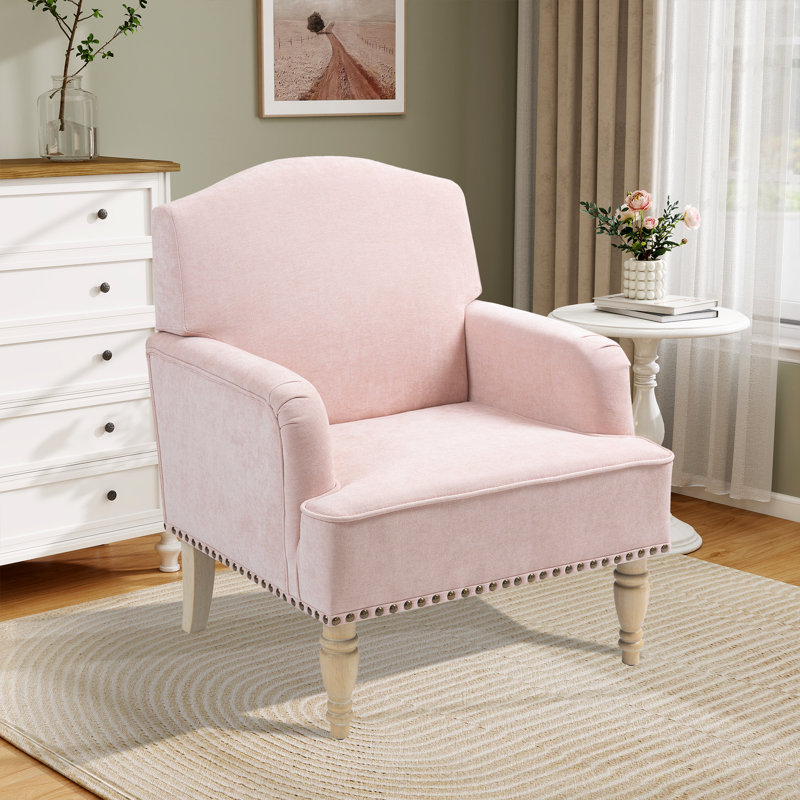 Chaise d'appoint moderne avec pieds en bois rétro et garniture cloutée, Duplicata rose, Naturel
