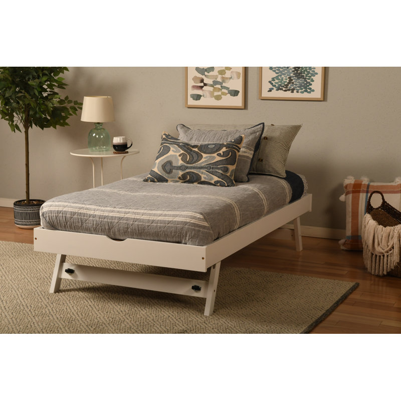 Lit escamotable en bois massif avec matelas Alhamdi, Blanc / pierre de lin