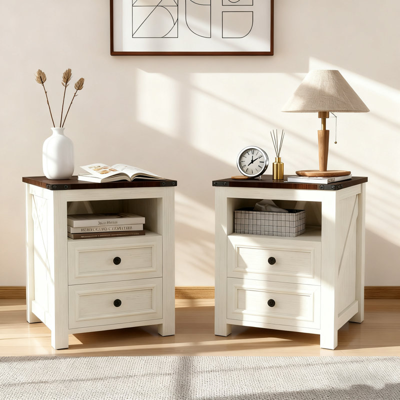 Farmhouse Charging Nightstand With 2 Drawers & Open Cabinet, Multi-Use Living Room End Table Or Office Storage, Set of 2