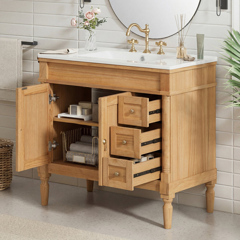 "Meuble-lavabo moderne de 36 pouces avec lavabo en céramique, armoire de rangement en bois massif et en bois aggloméré avec portes à fermeture en douceur, 3 tiroirs et poignées dorées"