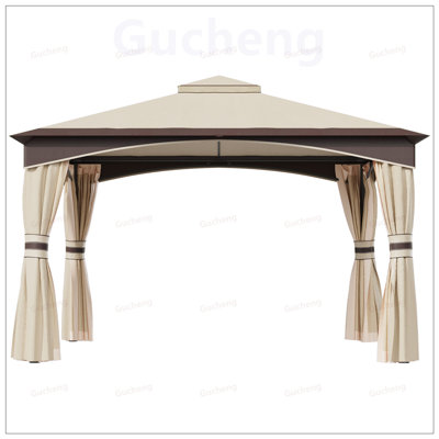 Outdoor Gazebo with Netting and Curtains, Patio Canopy with 2-Tier Roof for Lawn, Garden, Backyard, and Deck