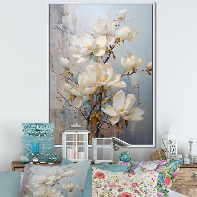 «White and Blue Magnolia Blossom Beauty», reproduction sur toile, Cadre flottant blanc, H 44 po x l 34 po x P 1,5 po