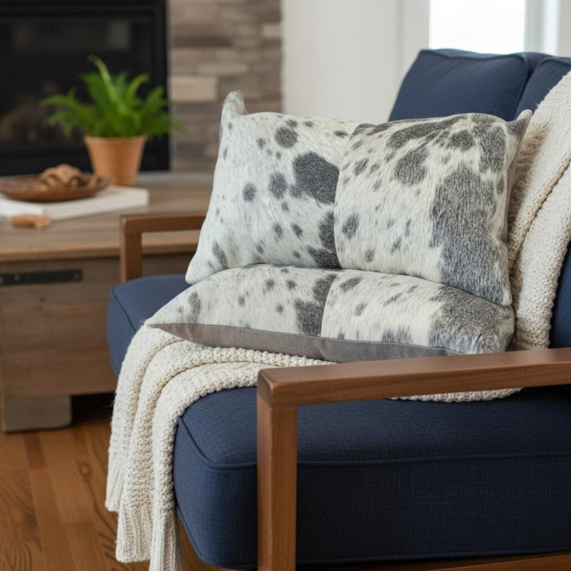 Ensemble de 2 coussins en peau de vache naturelle grise et blanche