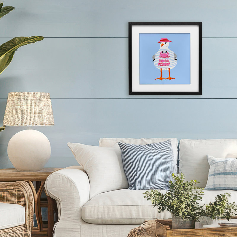 «Sassy Seagull Kinda Crabby», reproduction sous verre encadrée, design par Bex Morley Design, Cadre noir minuit