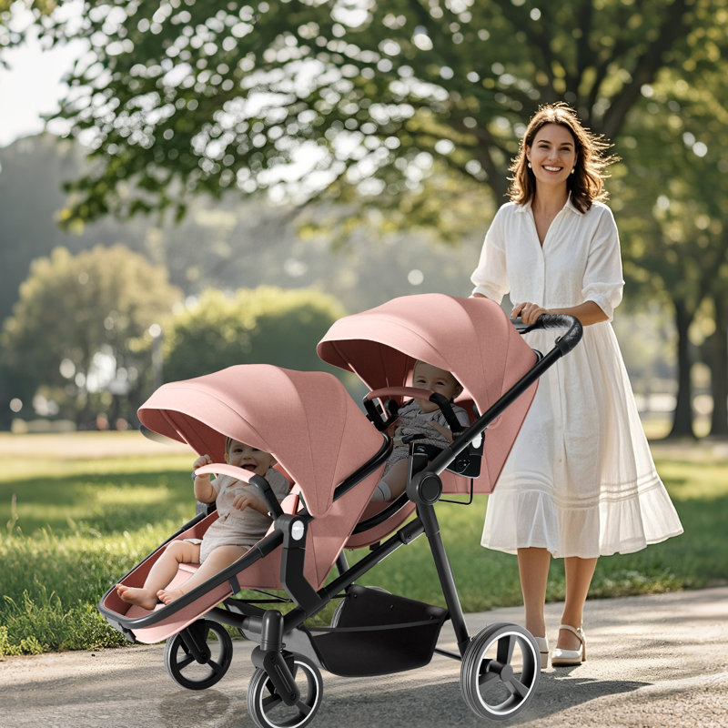 Foldable Twin Stroller With Adjustable Backrest, Pink