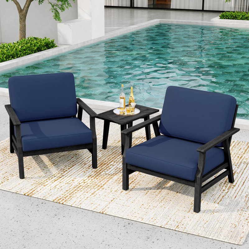 Shweta Solid Wood Outdoor Three Pieces Chair Conversation Seating Group With Cushions And Side Table, Navy, Black