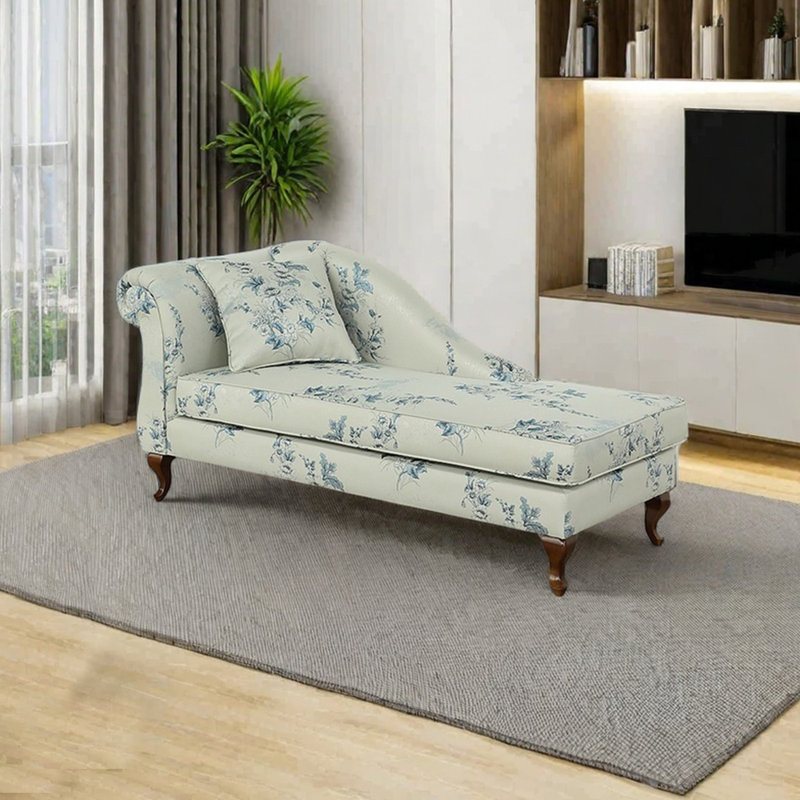 Chaise longue en jacquard de coton et lin Sponge, Orienté à gauche (vu de face), Beige chameau / cyan