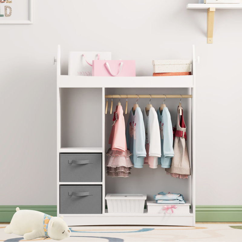 Kids Dress up Rack-Wardrobe Closet with Mirror, Open Kids Wardrobe with 3 Tier Shelf, 2 Storage Drawers, White