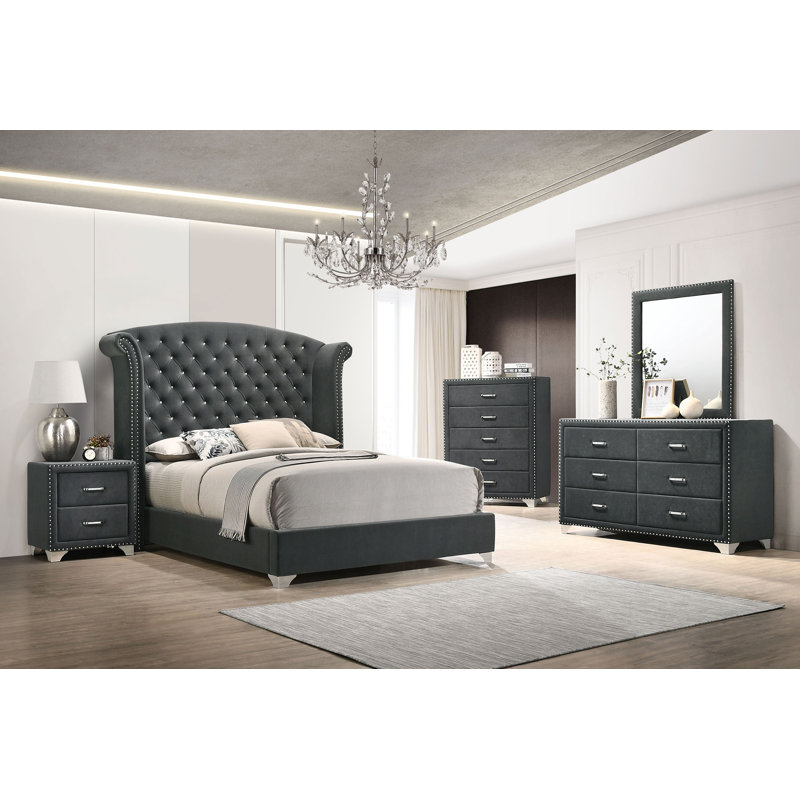 Ensemble de chambre à coucher 5 pièces Lansdale, Gris, 5 Pcs:Bed,Nightstand,Dresser,Dresser Mirror,Chest, California King