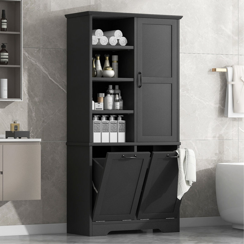 Bathroom Storage Cabinet With Doors And Drawers, Tilt-Out Laundry Hamper, Multiple Storage Space, Freestanding Style, Open Shelve, Adjustable Shelf, Black