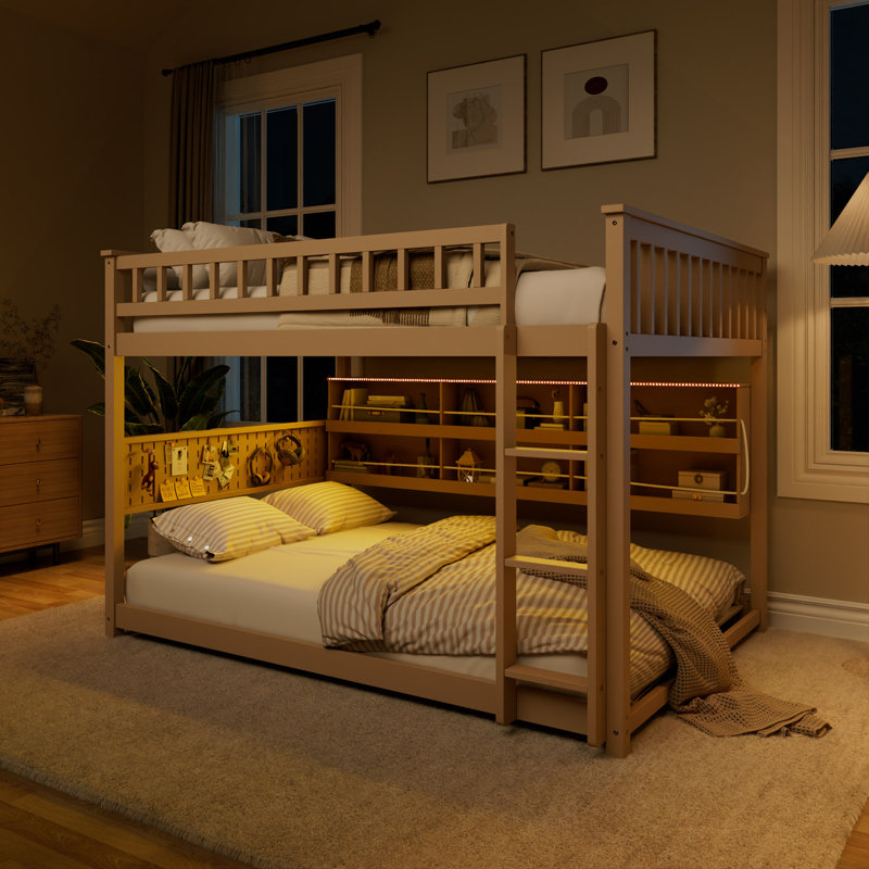 Lit superposé avec tablettes intégrées, lumières à changement de couleur et panneau perforé, Double, Beige
