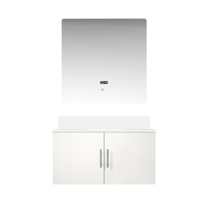 Miroir DEL de 91 cm avec meuble-lavabo blanc brillant et surface en quartz - Spacieux, résistant aux rayures et aux marques, comptoir de 56 cm de largeur x 56 cm de profondeur, grand espace de rangement, durable
