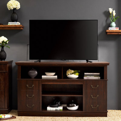 Meuble télé 60 po pour téléviseur de 65 po ou moins - Meuble audio-vidéo de style Mid-Century avec charme campagnard, finition espresso - Console multimédia avec 2 armoires et tablette ouverte, 3 découpes de câbles - Buffet polyvalent pour le salon