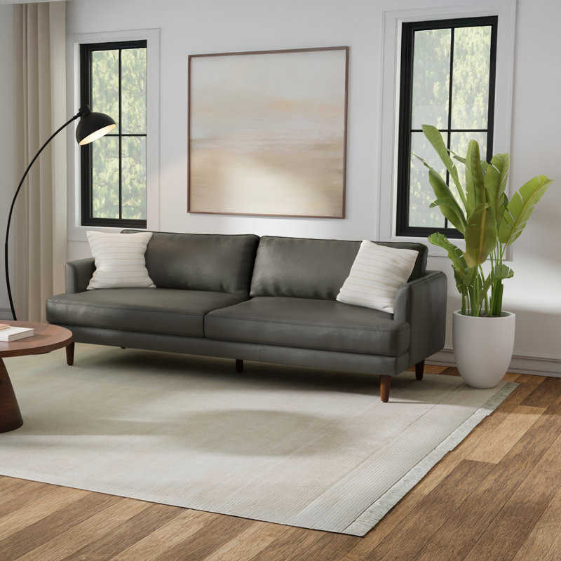 Canapé Mid-Century moderne en cuir véritable Livingston, L 90 po, Charbon