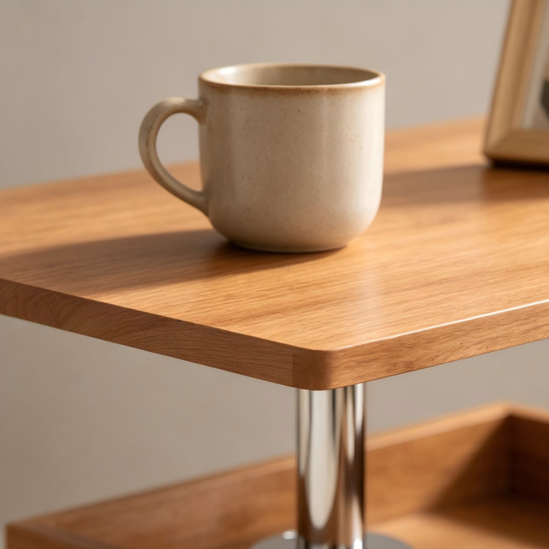 Table d'appoint roulante moderne à finition naturelle avec plateau tournant à 360 degrés et compartiment de rangement intégré avec roulettes verrouillables et faciles à assembler pour le salon, le canapé, la chambre à coucher et le chevet