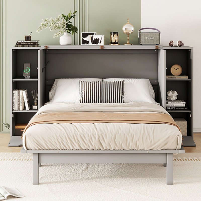 Lit escamotable avec tablettes et tiroirs Murphy, Gris, Lit double
