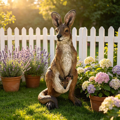 22''Mother Kangaroo With Joey Statue, Realistic Resin Kangaroo Family Sculpture, Weatherproof Outdoor Garden Figurine Decor For Farm Yard Lawn Patio Backyard, Unique Animal Ornament Gift For Wil