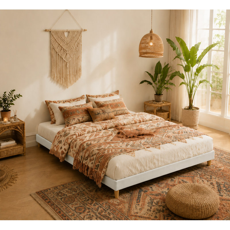 Upholstered Platform Bed, Cream, Queen