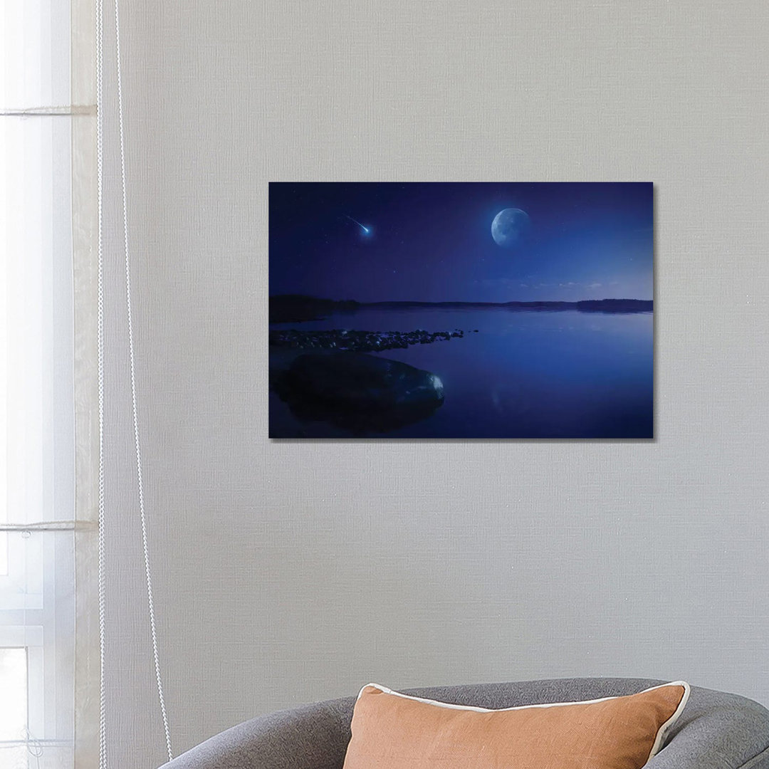 Tranquil Lake Against Starry Sky, Moon And Falling Meteorite, Finland I by Evgeny Kuklev - Wrapped Canvas Print
