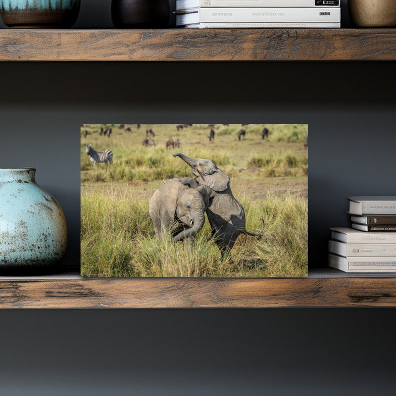 Playful Baby Elephants Energetic Playful Contemporary Elephant Zebra Landscape Nature Wall Art Print by Jeffrey C. Sink - 1 Piece Wrapped Canvas Wall Art
