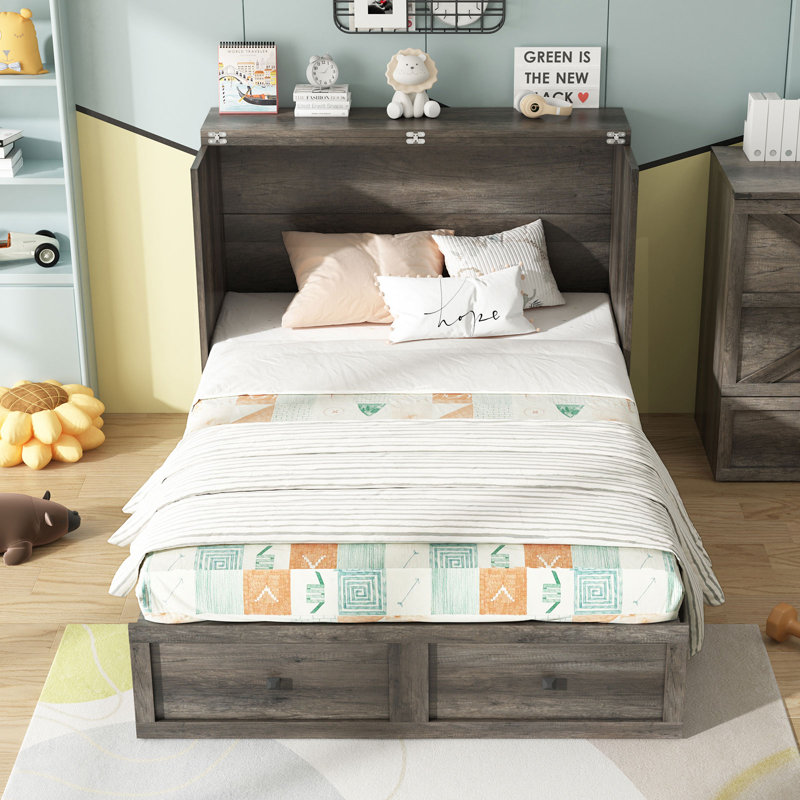 Revan Farmhouse Full Murphy Bed With Storage & Charging Station, Gray, Full / Double, Gray