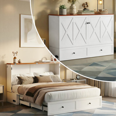 Queen Size Murphy Bed Cabinet with Charging Station, White