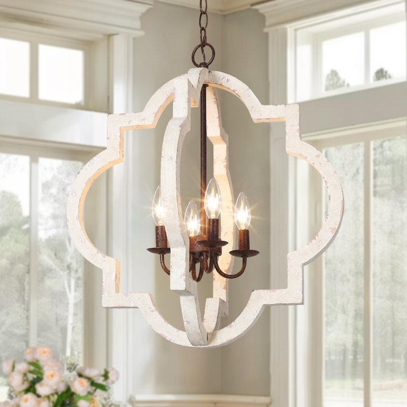 Lustre géométrique à 4 lumières de style bougie avec accents de bois massif Aziz