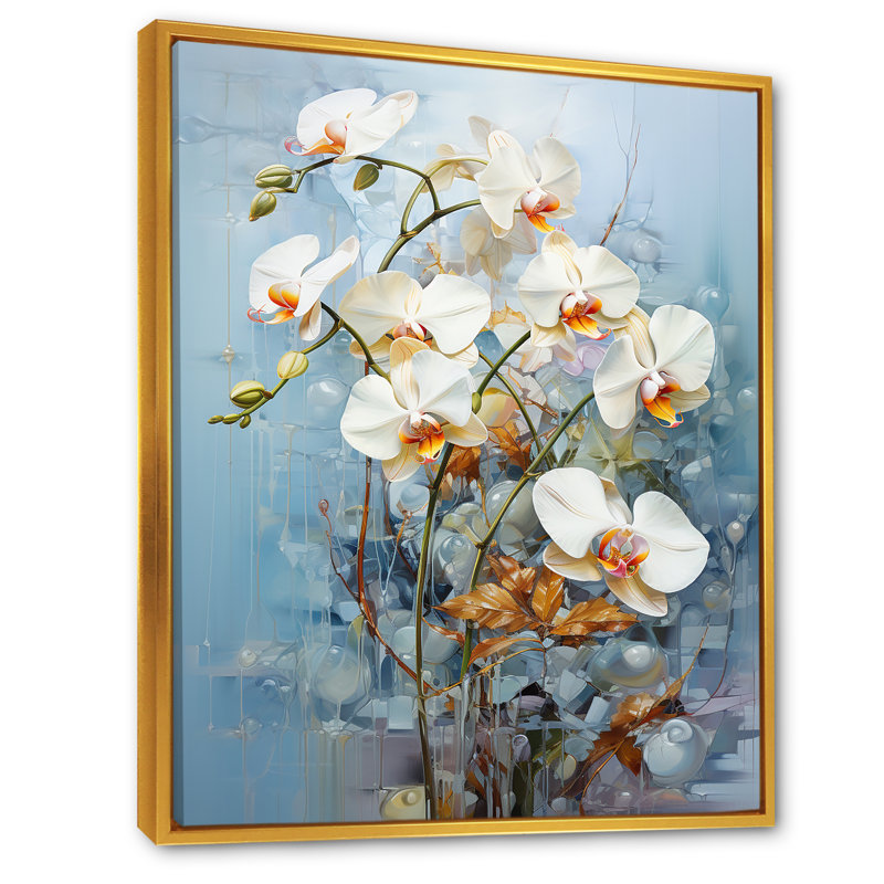 Élégance florale beige et or II, Cadre flottant doré, H 32 po x l 24 po x P 1 po