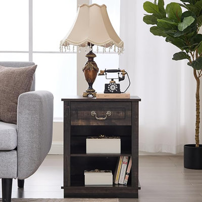 Table de chevet avec tiroir, commode de table de bout de 19 po et table de bout de chevet blanc rustique avec tablette réglable pour salon de chambre à coucher