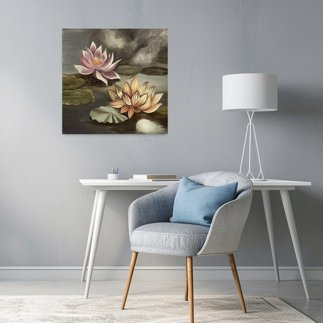 Stormy Lotus Pond Peaceful Serene Tranquil Lily Lotus Flower Nature Wall Art Print