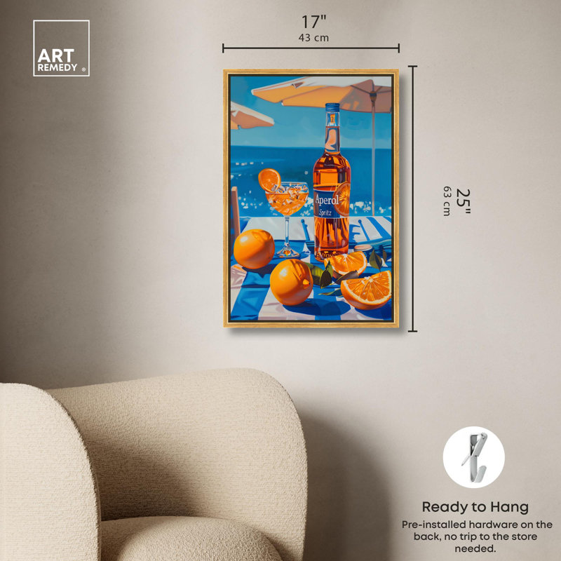 «Coastal Aperol» par Art Remedy, H 25 po x l 17 po, Cadre flottant, Doré