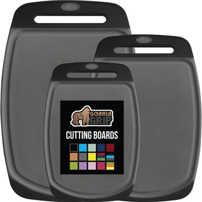 BPA-Free Reversible Kitchen Cutting Board Set Of 3, US Designed, Nonporous, Juice Grooves Catch Liquid, Slip Resistant Border, Dishwasher Safe, Durable Food Chopping Boards, Black Gray
