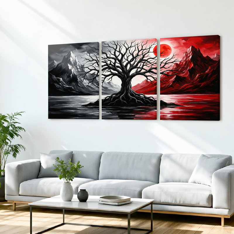 Ensemble de 3 tableaux sur toile représentant un paysage de montagne avec des arbres noirs et rouges, 2030
